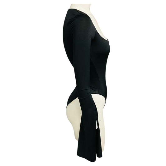 Mugler Black Long Sleeved Scoop Neck Jersey Bodysuit with Slits