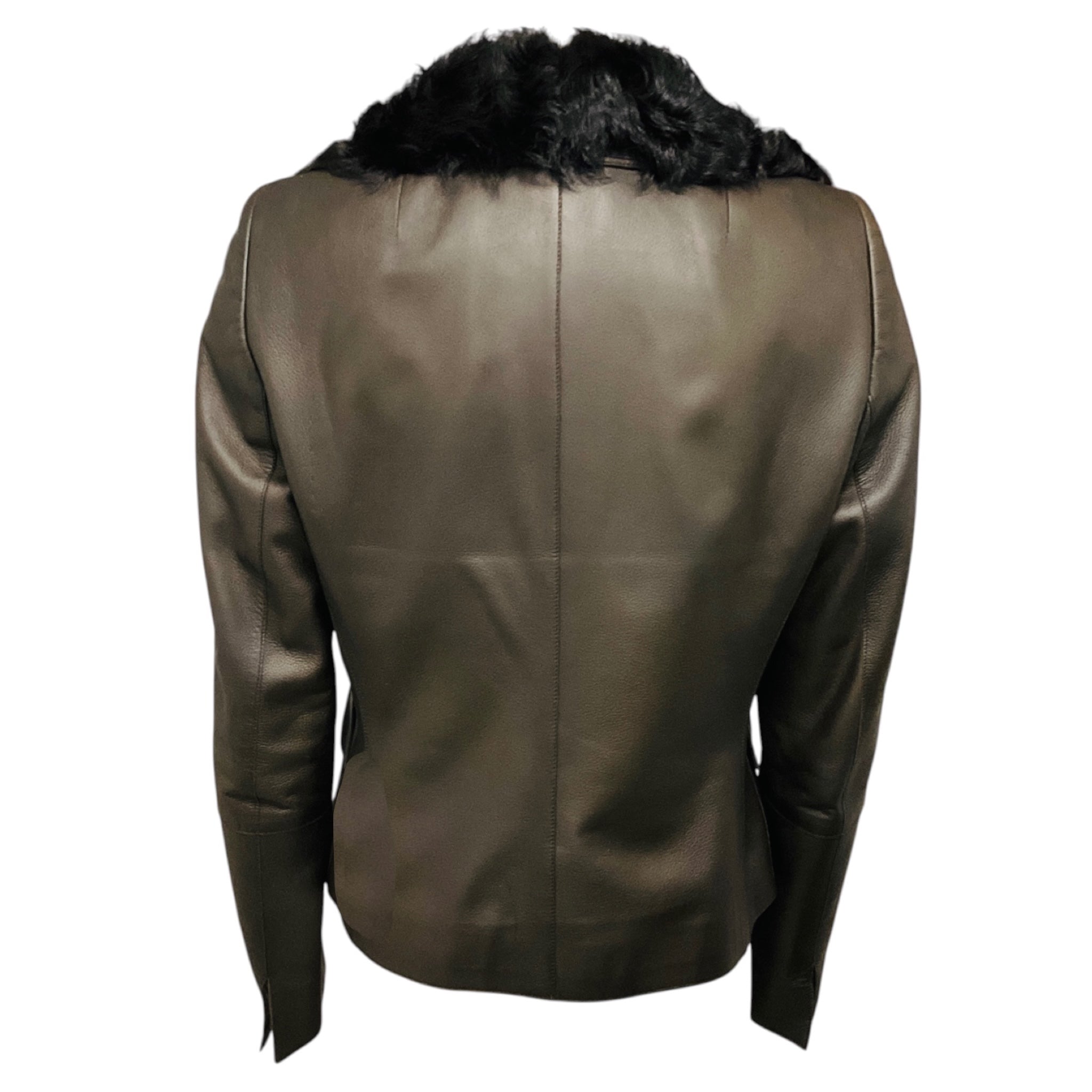 Akris Brown Zip Front Lambskin Leather Jacket with Lamb Fur Collar