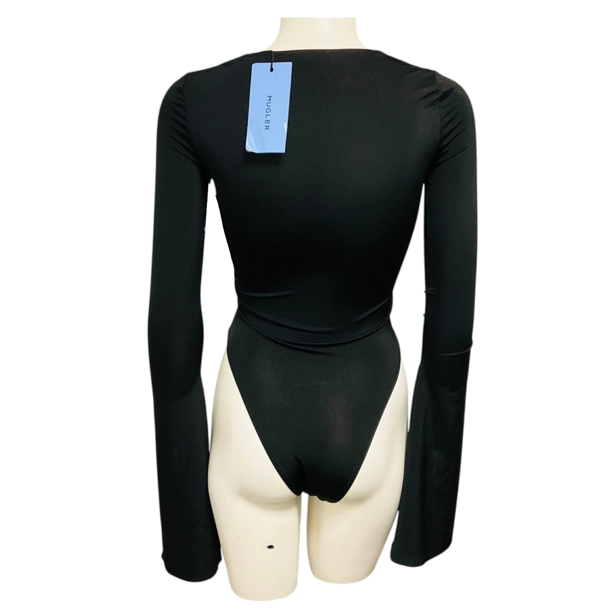 Mugler Black Long Sleeved Scoop Neck Jersey Bodysuit with Slits