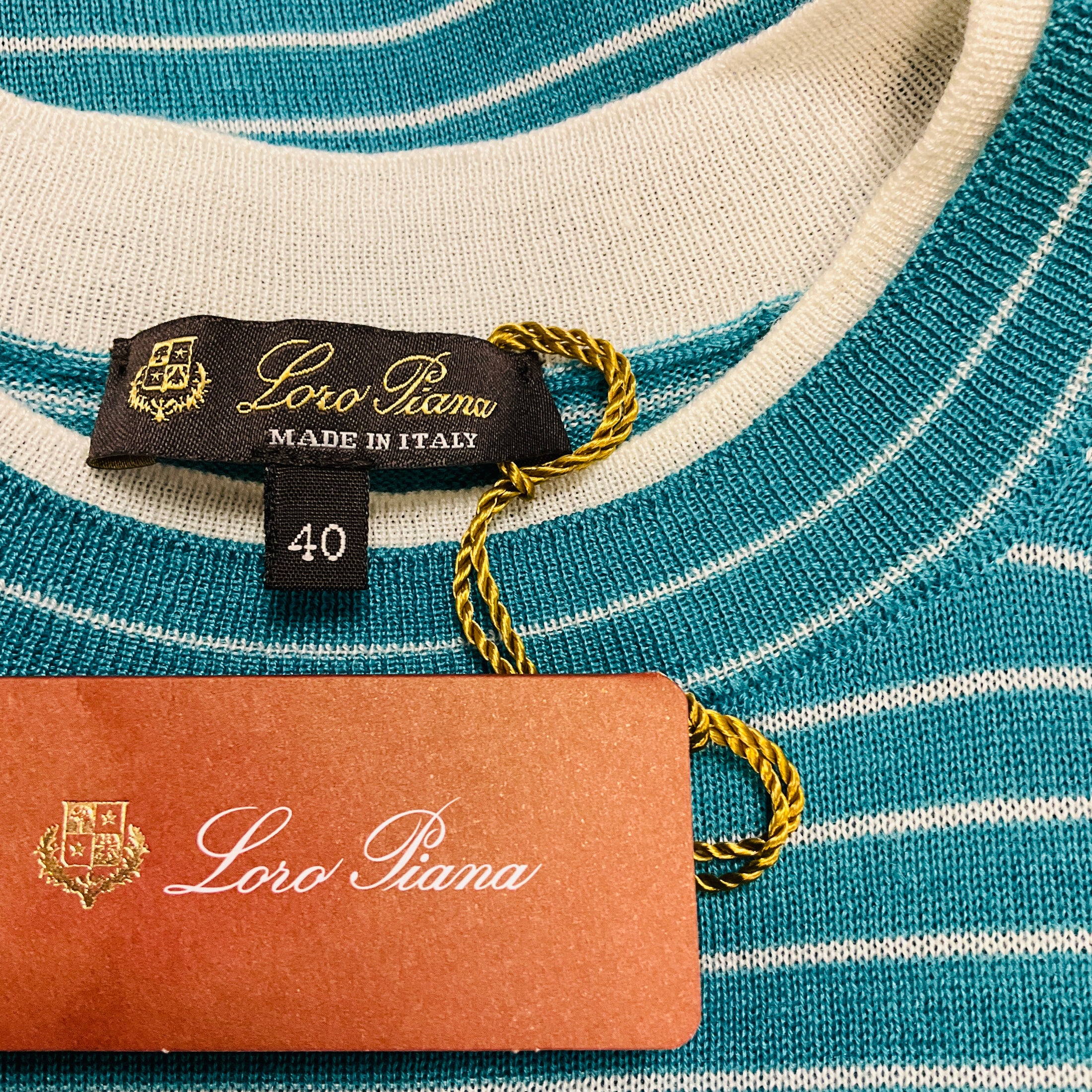 Loro Piana Teal / White Striped Short Sleeved Cashmere and Silk Knit Fontvieille Girocollo Sweater