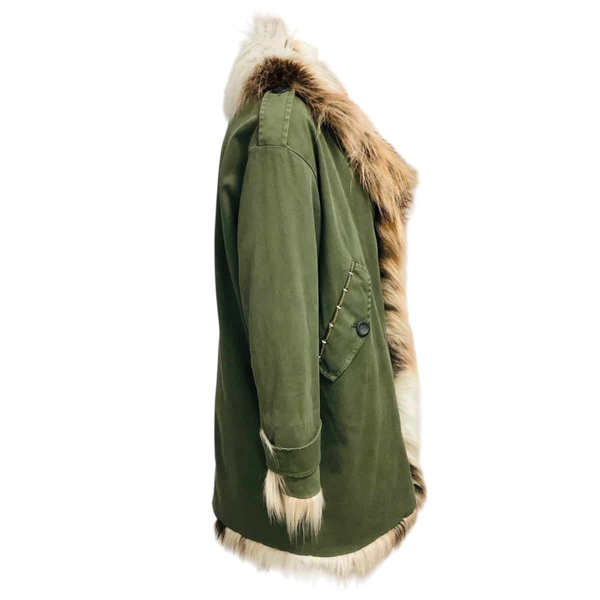 Bazar Deluxe Green Cotton Parka Coat with Faux Fur Trim