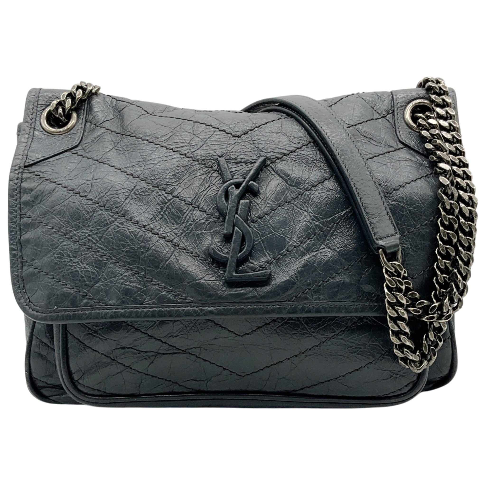 Saint Laurent Grey Crinkled Leather Niki Shoulder Bag
