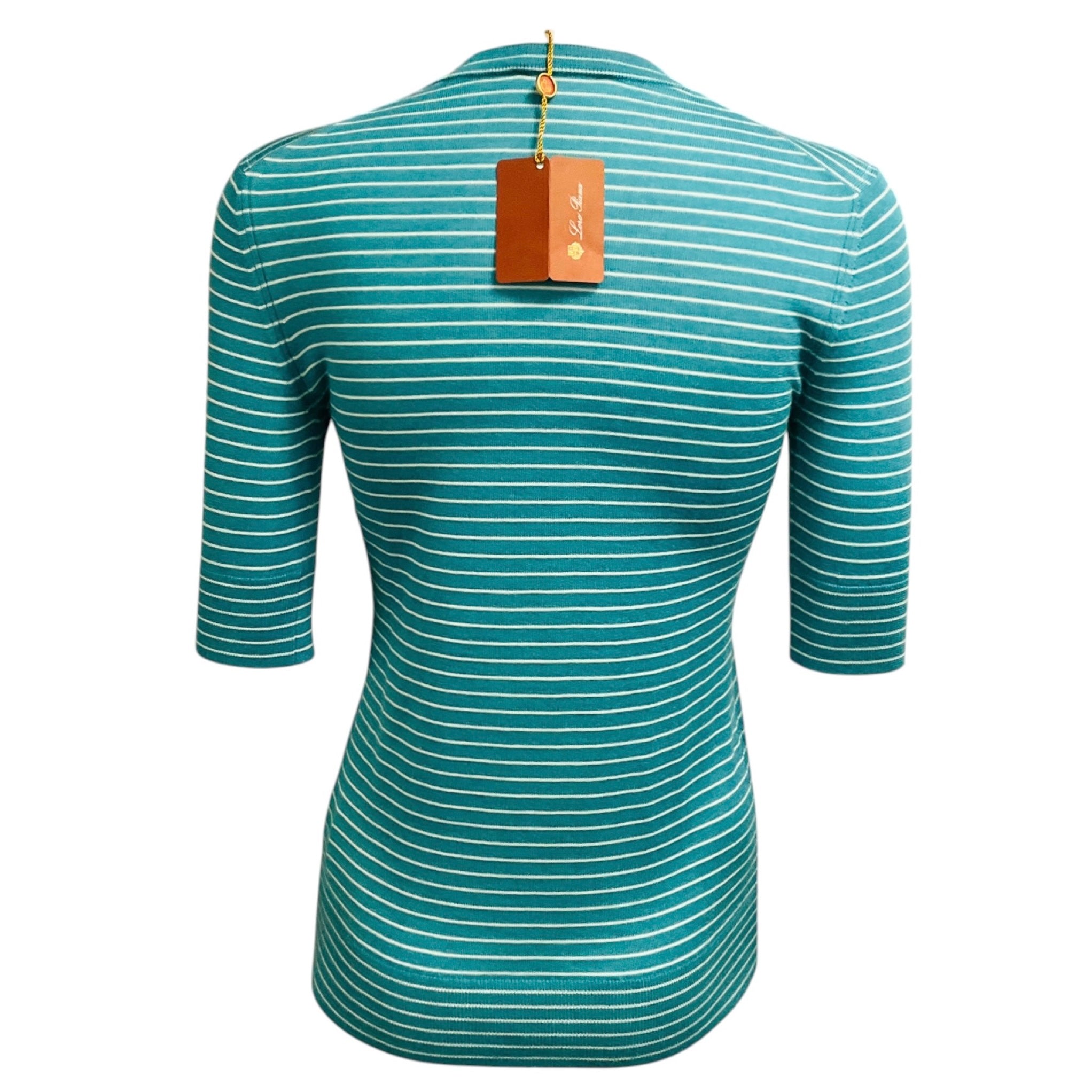 Loro Piana Teal / White Striped Short Sleeved Cashmere and Silk Knit Fontvieille Girocollo Sweater