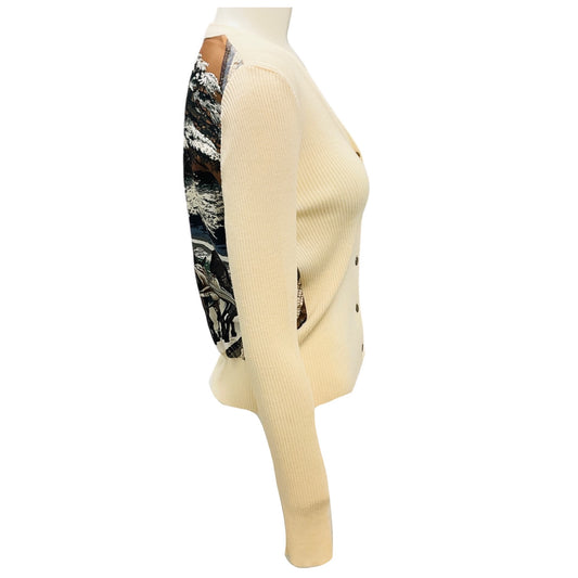 Hermes Ivory Multi Scarf Print Wool Knit Cardigan Sweater