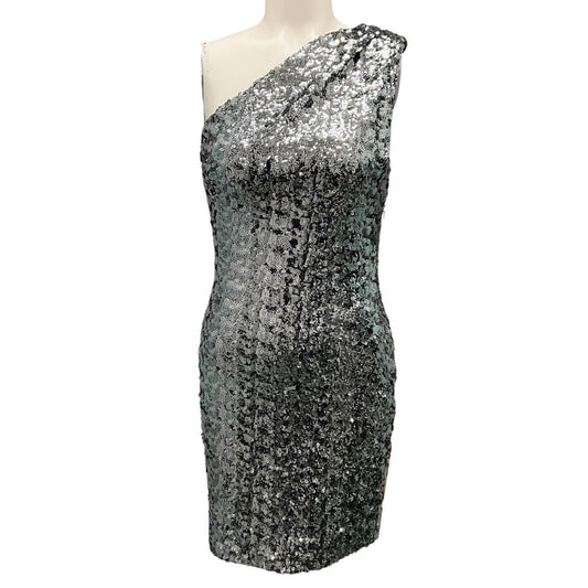 Haney Silver Metallic Sequined One Shoulder Mini Dress