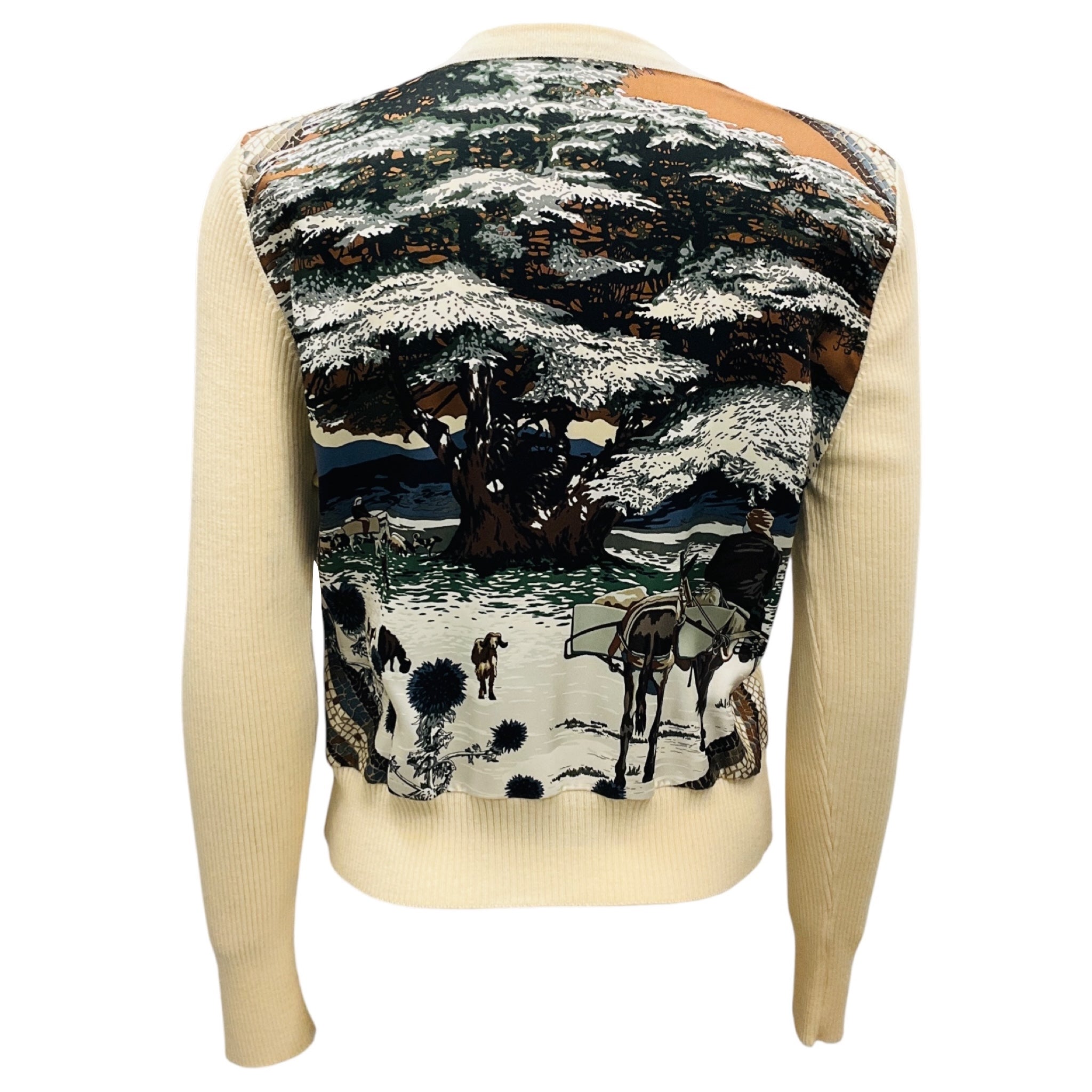 Hermes Ivory Multi Scarf Print Wool Knit Cardigan Sweater