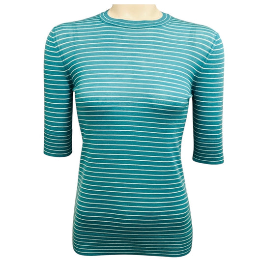 Loro Piana Teal / White Striped Short Sleeved Cashmere and Silk Knit Fontvieille Girocollo Sweater