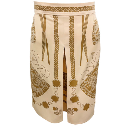Hermes Beige / Tan Les Tambours Print Silk Skirt
