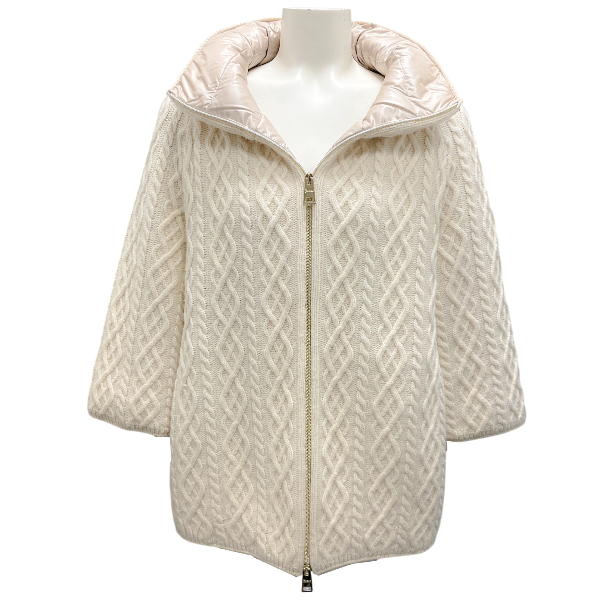 Herno Ivory 2021 Zip-Front Cable Knit Wool Down Puffer Coat