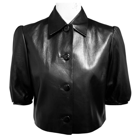 Ralph Lauren Black Label Black Cropped Button Front Lambskin Leather Top