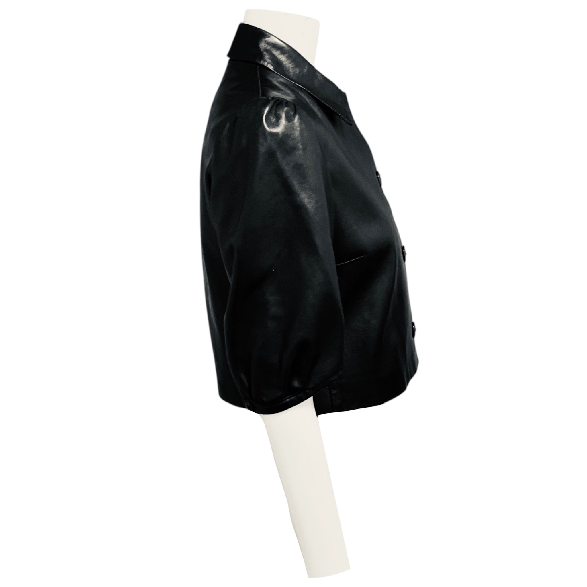 Ralph Lauren Black Label Black Cropped Button Front Lambskin Leather Top