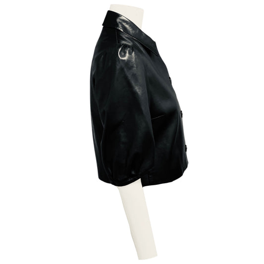 Ralph Lauren Black Label Black Cropped Button Front Lambskin Leather Top