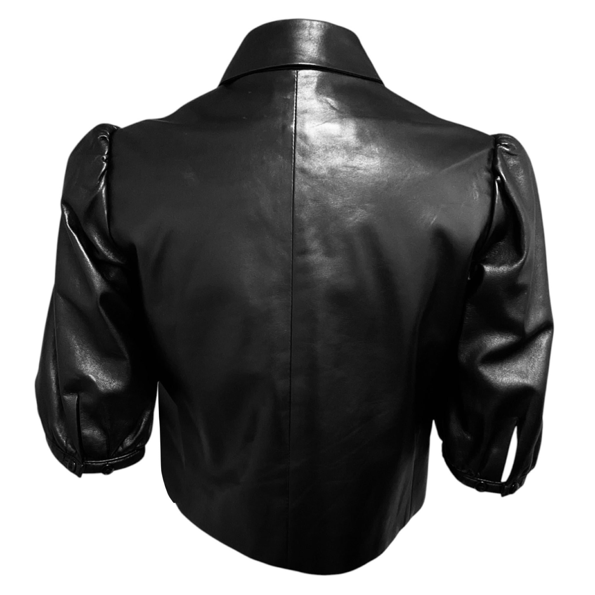 Ralph Lauren Black Label Black Cropped Button Front Lambskin Leather Top