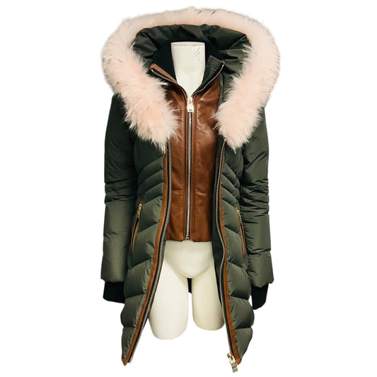 NB Series by Nicole Benisti Olive Green Hooded Puffer Coat with Fur Trim and Lamb Leather Trim