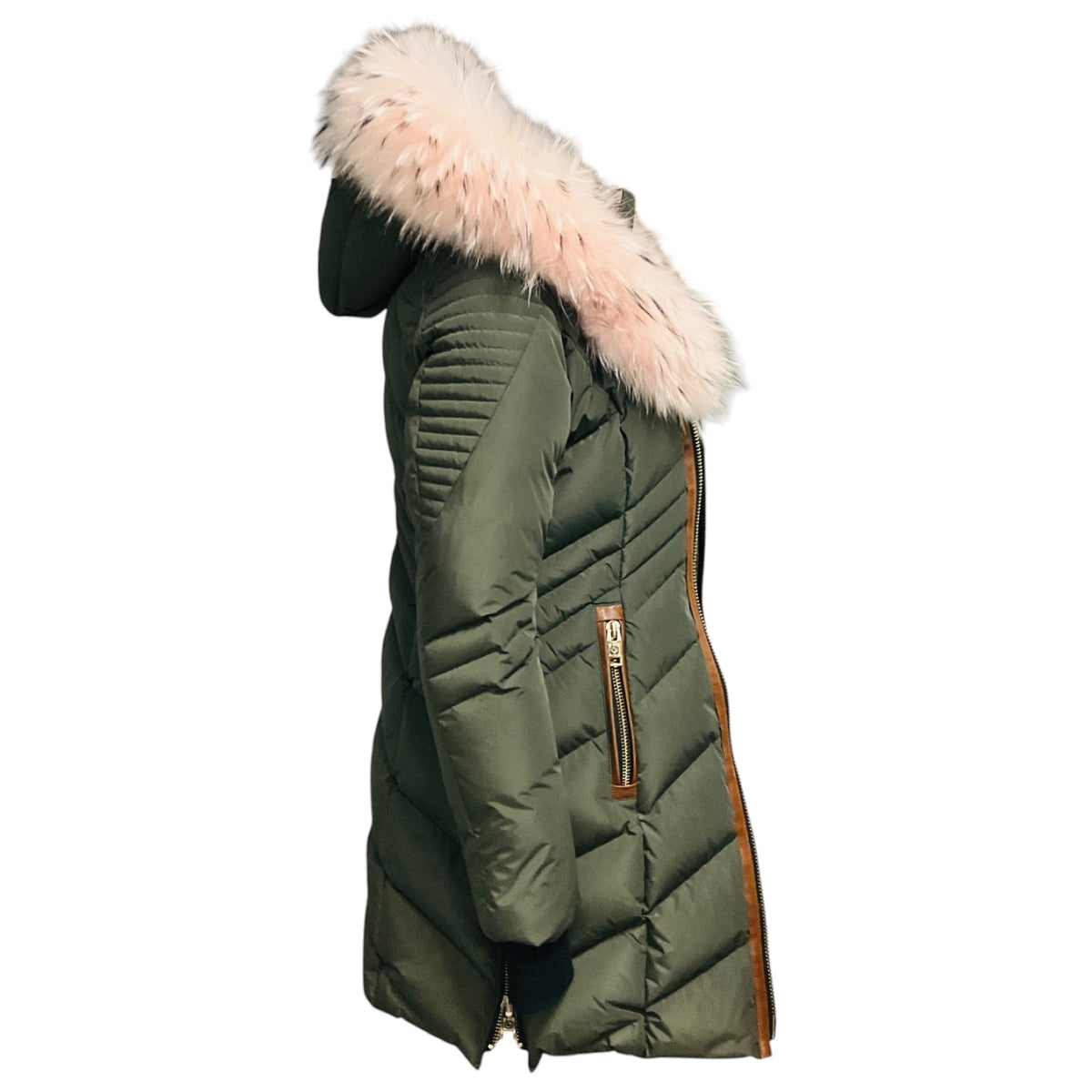 NB Series by Nicole Benisti Olive Green Hooded Puffer Coat with Fur Trim and Lamb Leather Trim