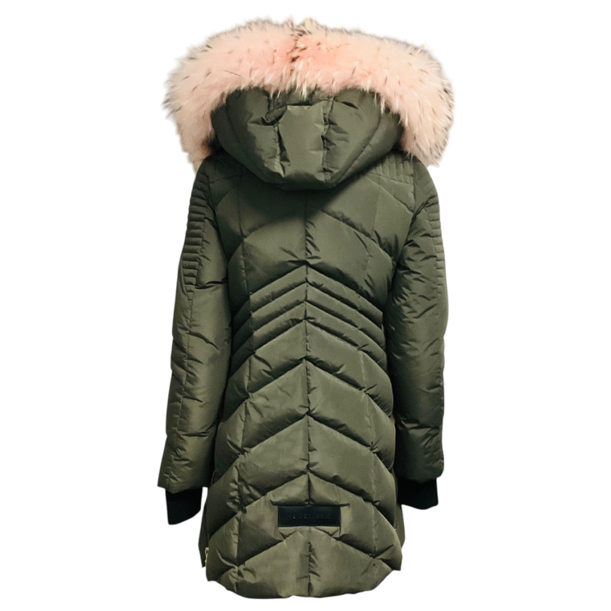 NB Series by Nicole Benisti Olive Green Hooded Puffer Coat with Fur Trim and Lamb Leather Trim