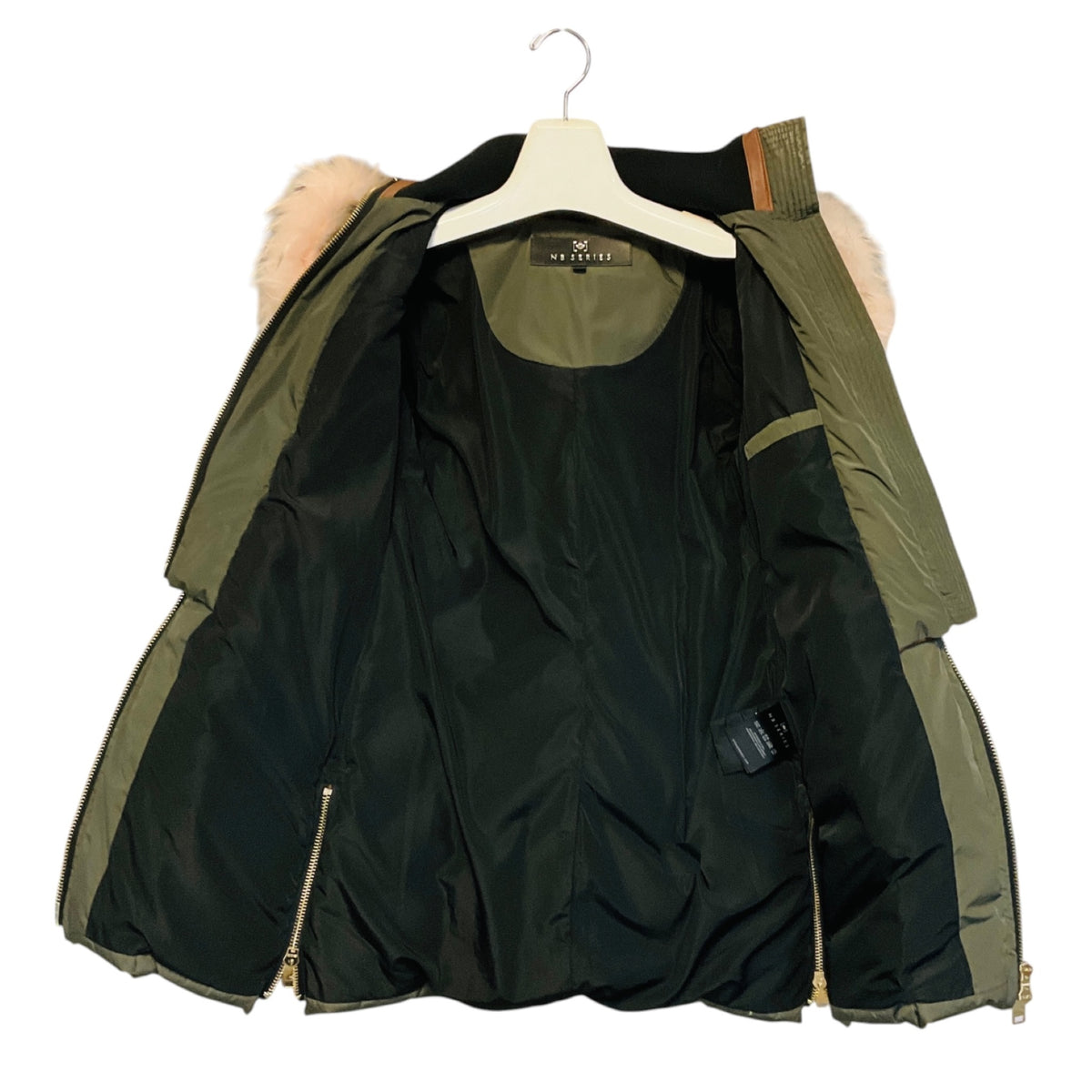 NB Series by Nicole Benisti Olive Green Hooded Puffer Coat with Fur Trim and Lamb Leather Trim