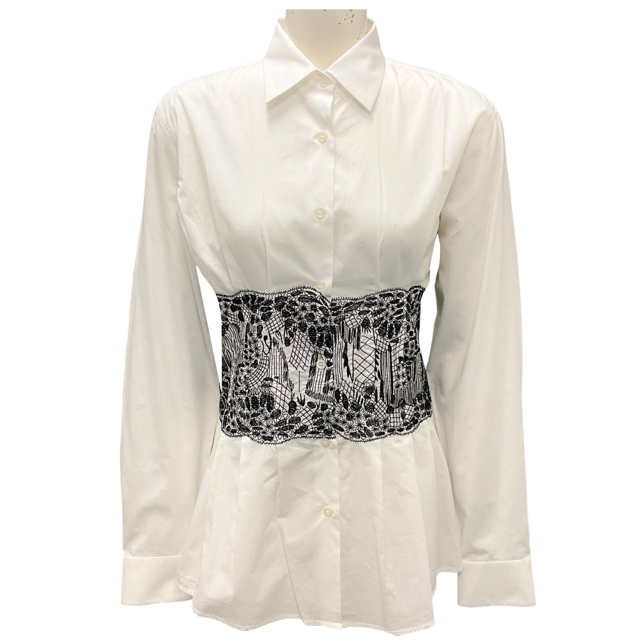 Dries Van Noten White / Black Embroidered Waist Shirt