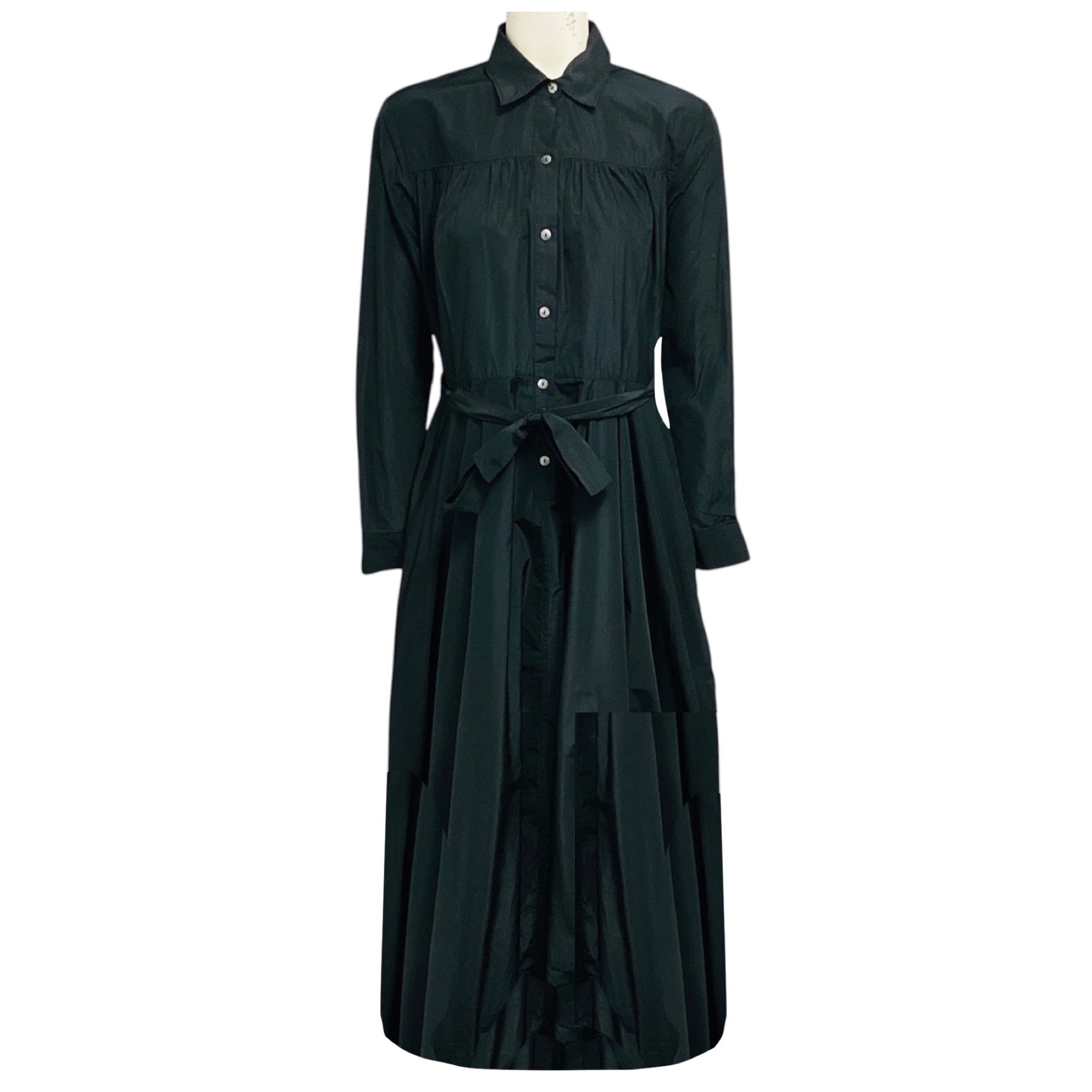 Co Black Long Sleeved Drawstring Hem Button Front Long Shirtdress with Belt