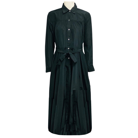 Co Black Long Sleeved Drawstring Hem Button Front Long Shirtdress with Belt