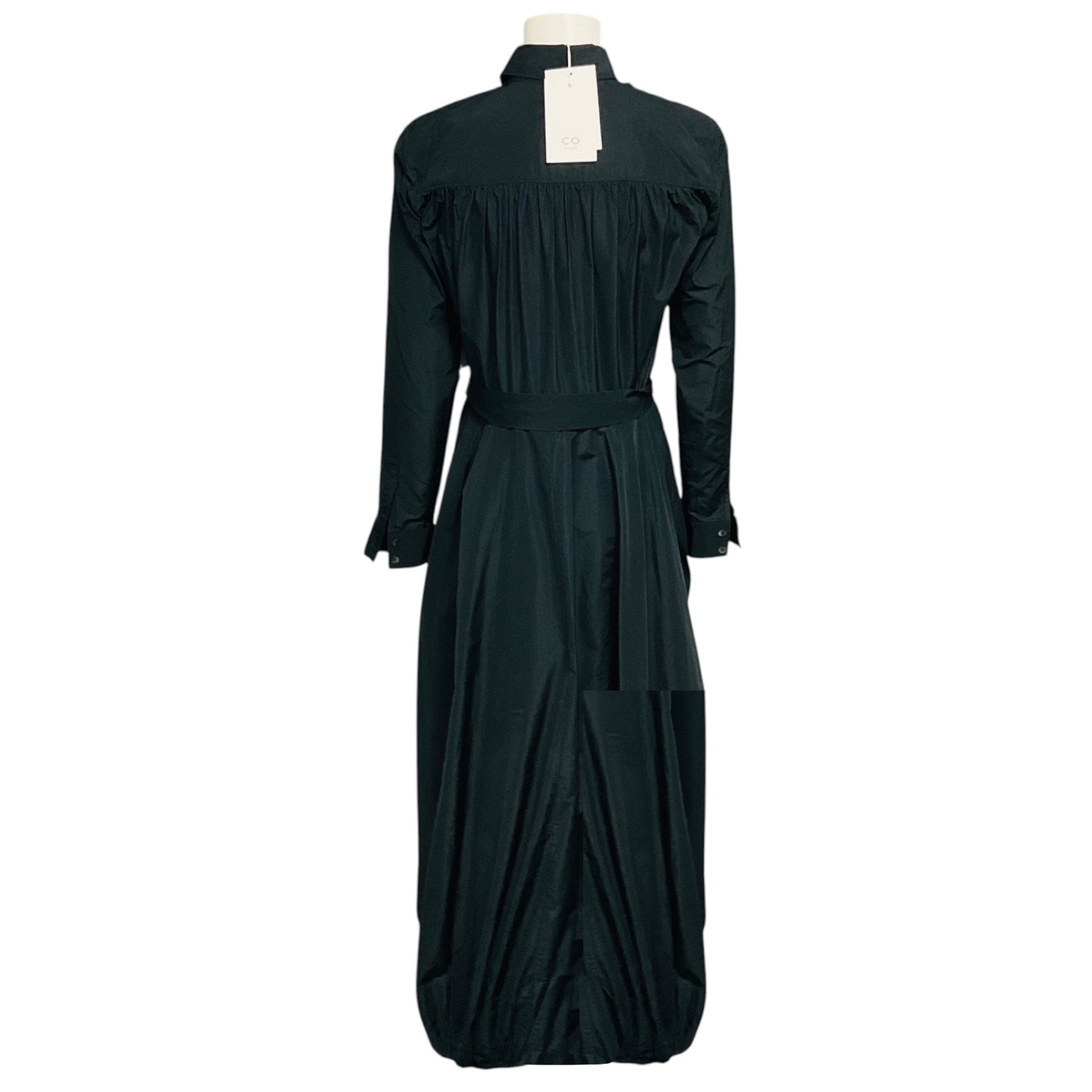 Co Black Long Sleeved Drawstring Hem Button Front Long Shirtdress with Belt
