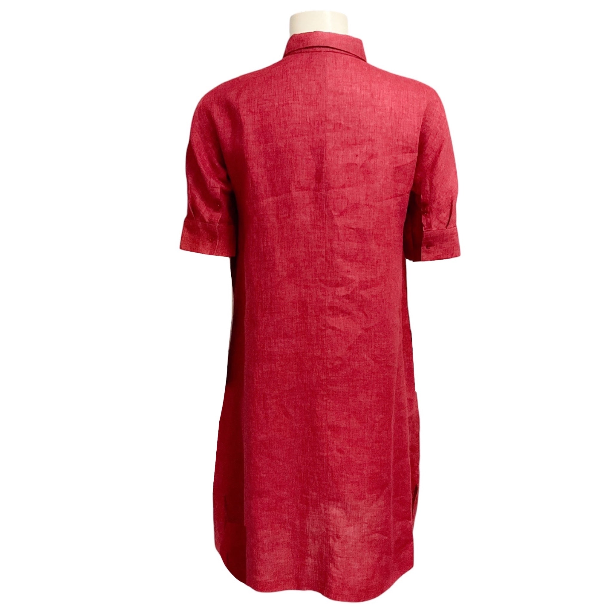 Loro Piana Brick Red Short Sleeved Collared Button Front Linen Midi Dress