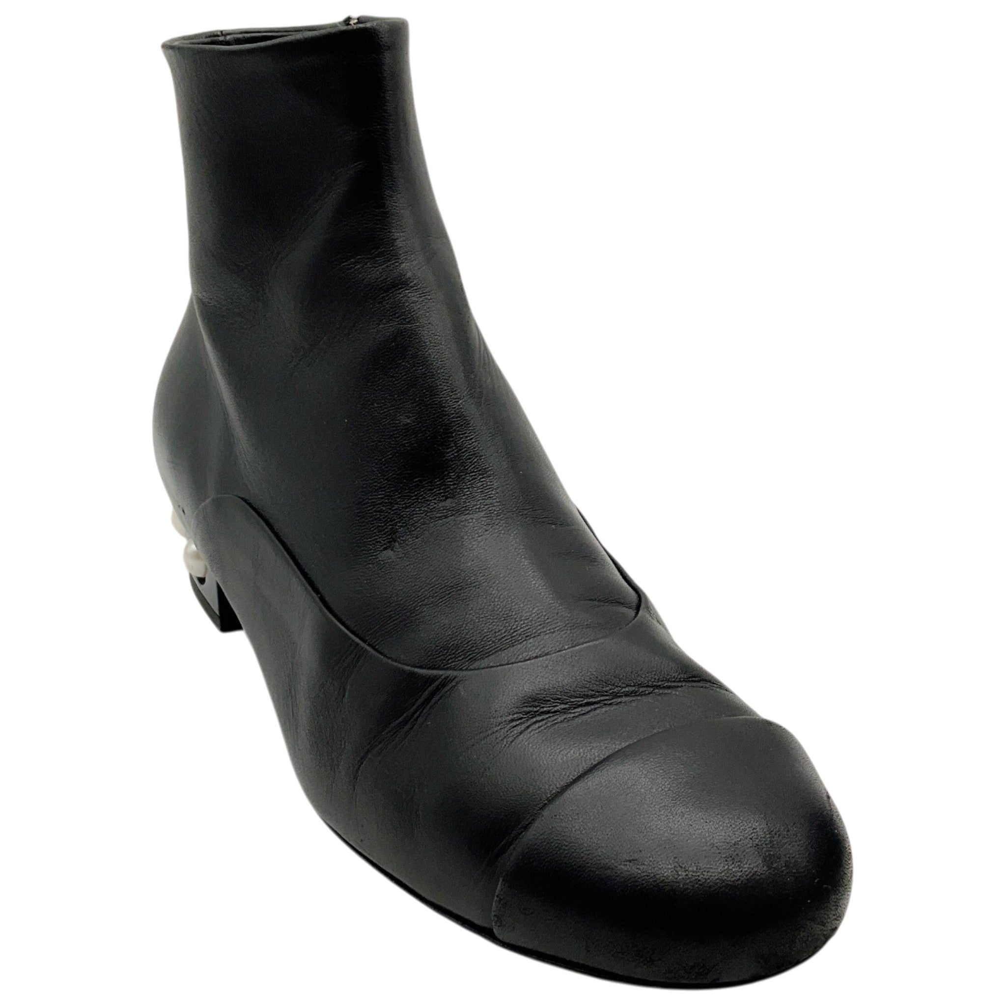 Chanel Black Leather Ankle Boots with Pearl Embellished Heel
