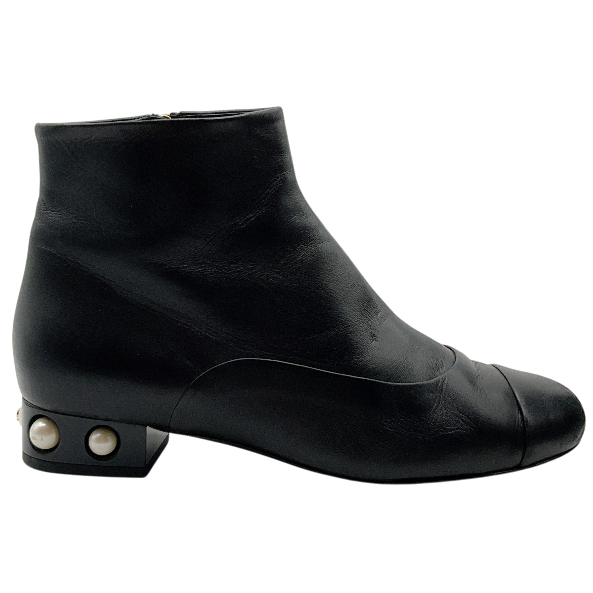 Chanel Black Leather Ankle Boots with Pearl Embellished Heel
