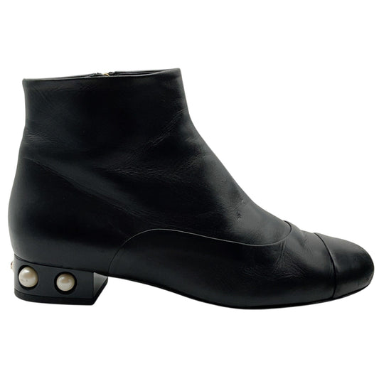 Chanel Black Leather Ankle Boots with Pearl Embellished Heel