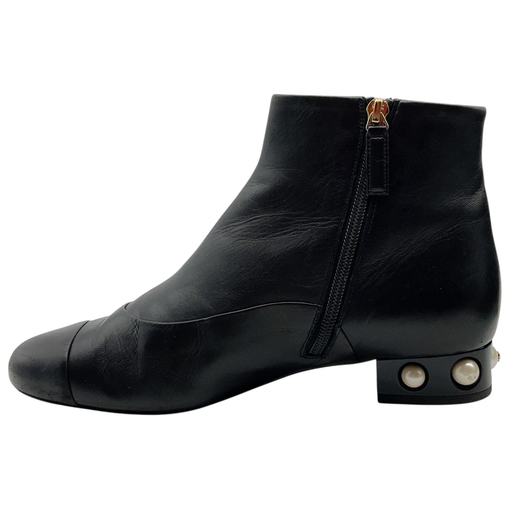 Chanel Black Leather Ankle Boots with Pearl Embellished Heel