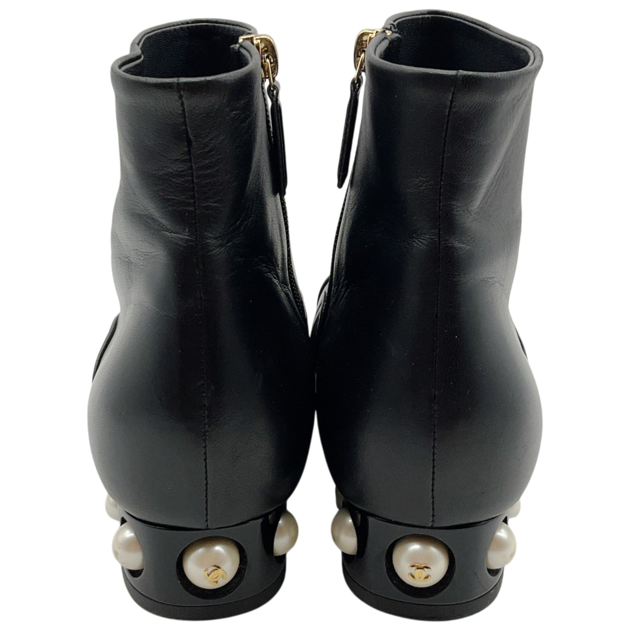 Chanel Black Leather Ankle Boots with Pearl Embellished Heel