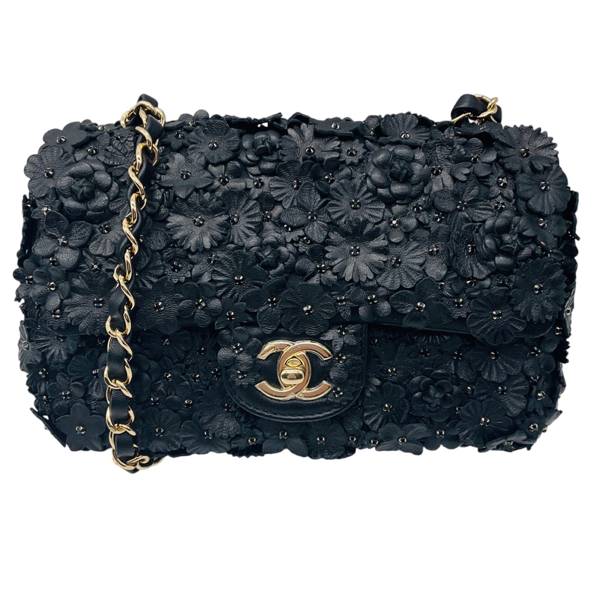 Chanel Black Camellia Flower Applique Leather and Crystal Handbag