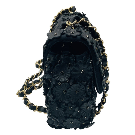 Chanel Black Camellia Flower Applique Leather and Crystal Handbag