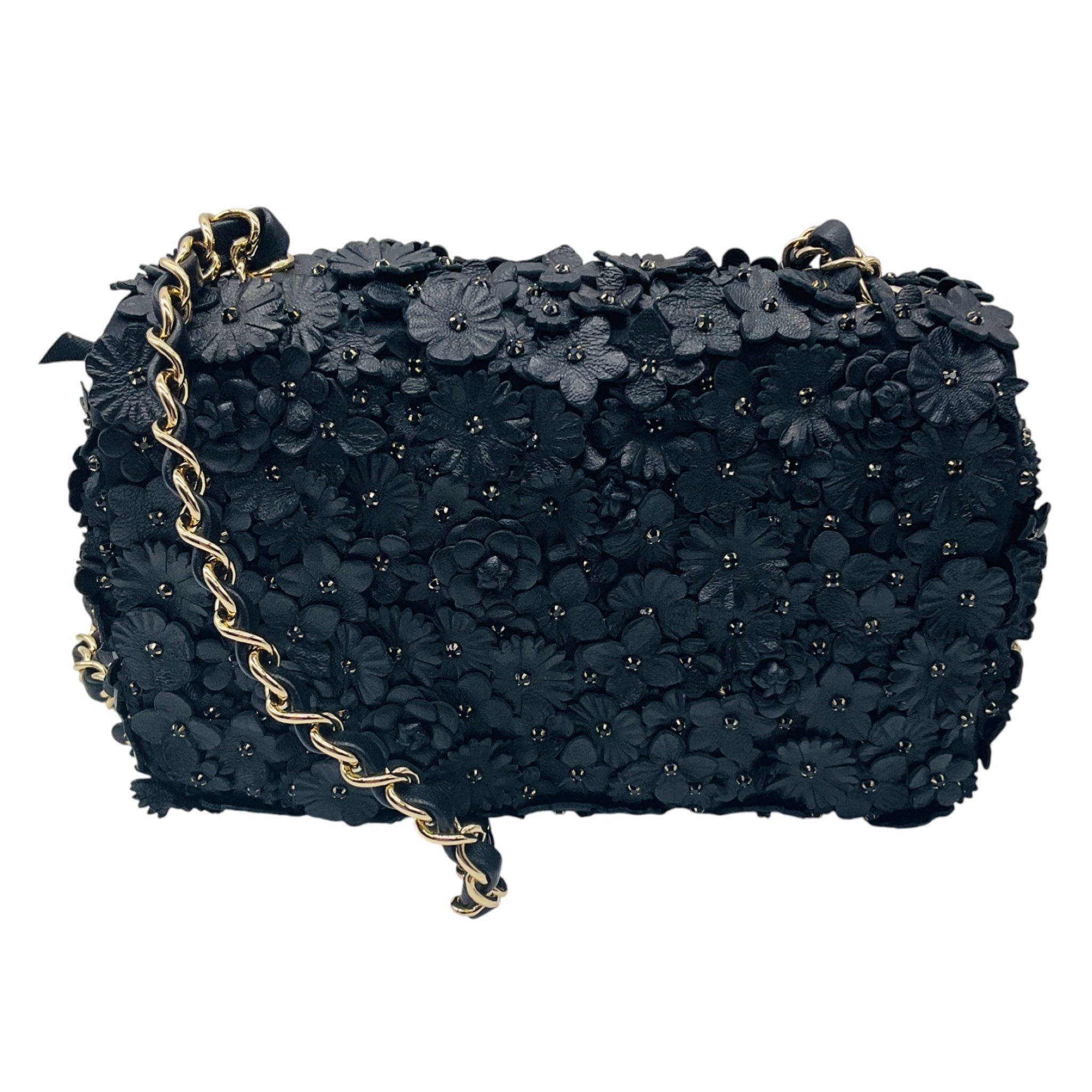 Chanel Black Camellia Flower Applique Leather and Crystal Handbag