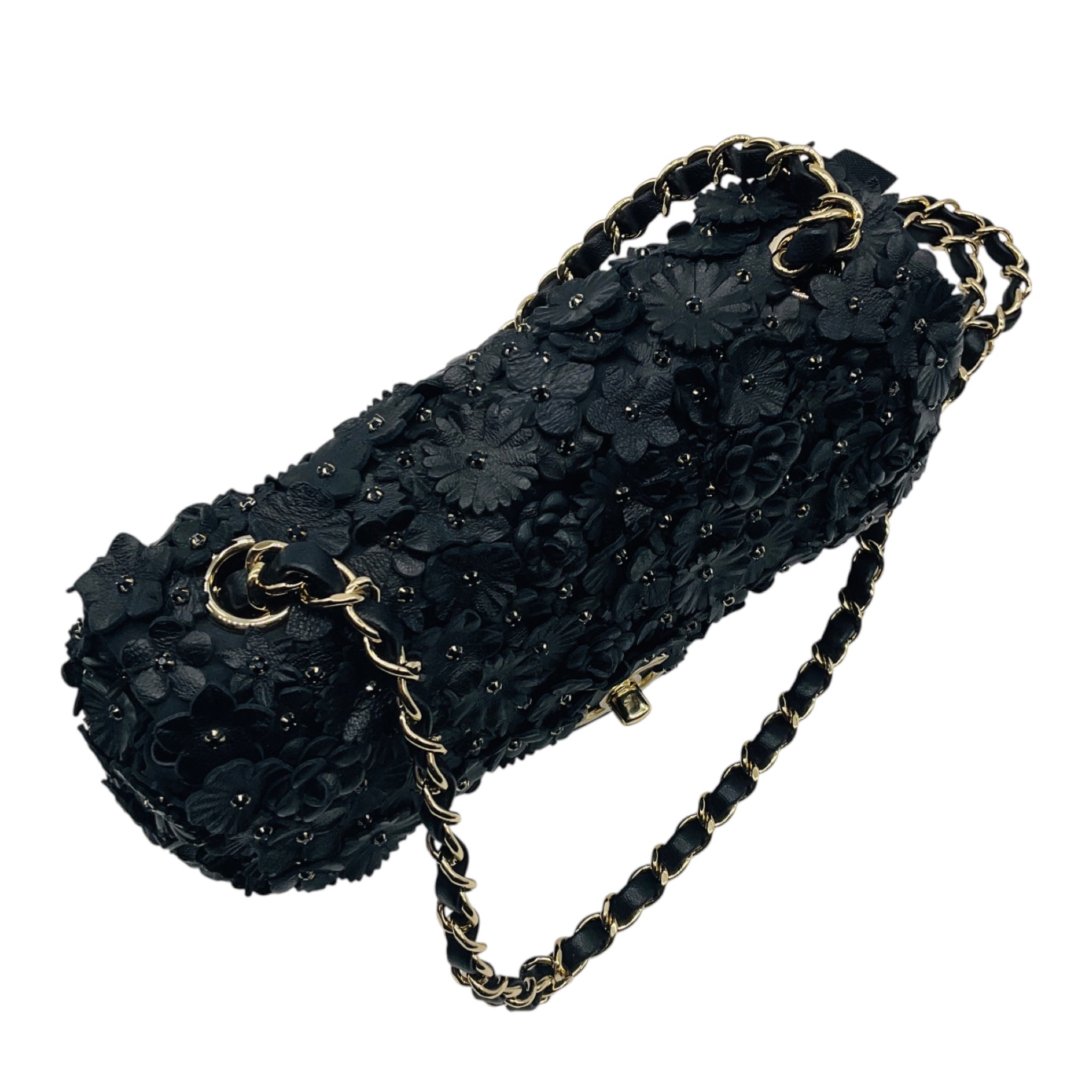 Chanel Black Camellia Flower Applique Leather and Crystal Handbag