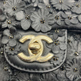 Load image into Gallery viewer, Chanel Black Camellia Flower Applique Leather and Crystal Handbag
