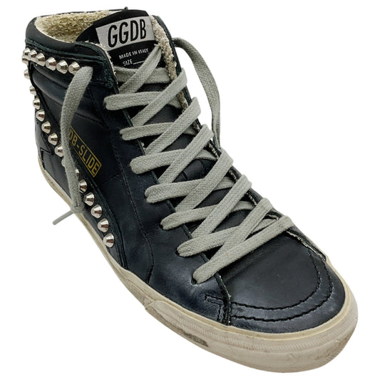 Golden Goose Deluxe Brand Black Leather Slide High Top Sneakers with Silver Studs
