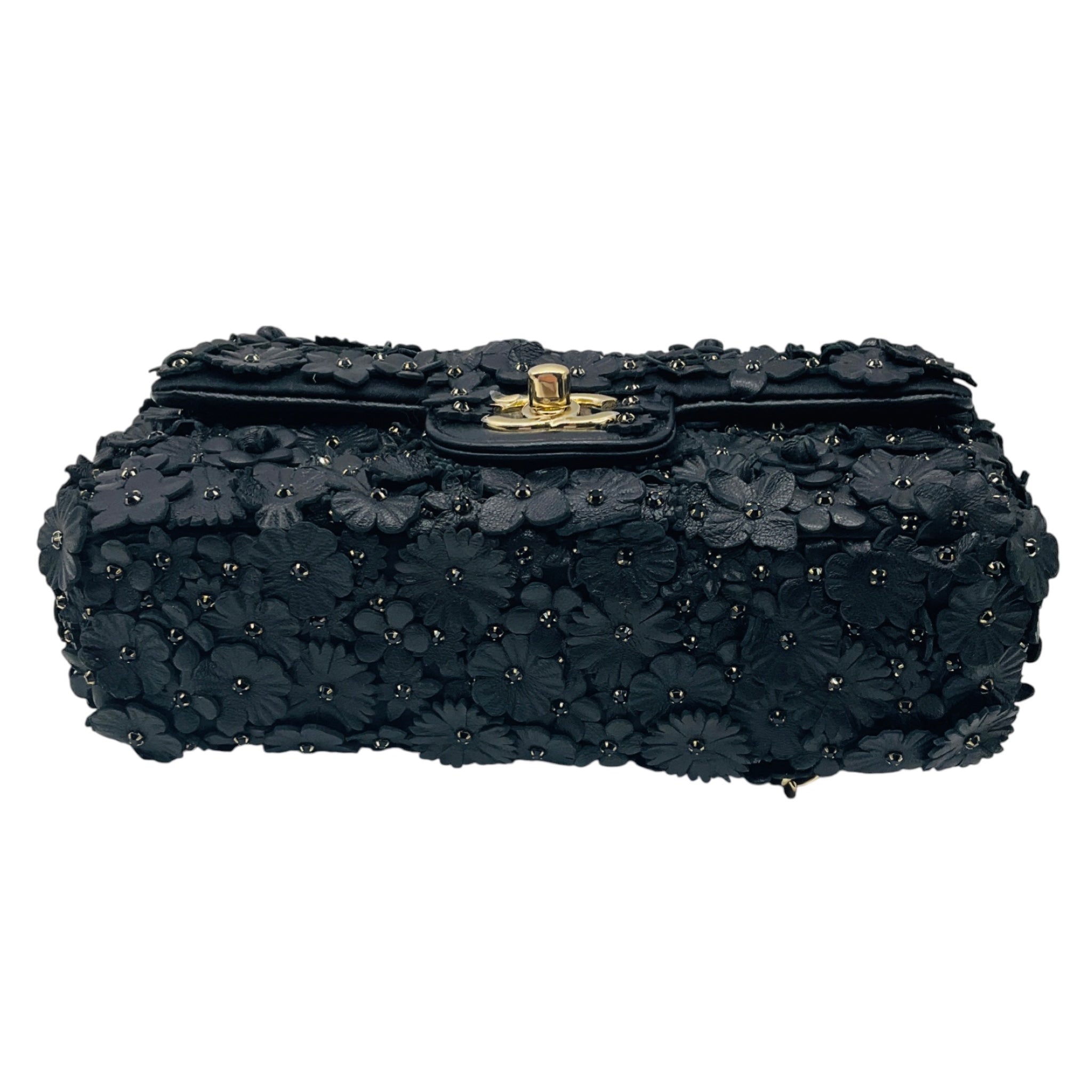 Chanel Black Camellia Flower Applique Leather and Crystal Handbag