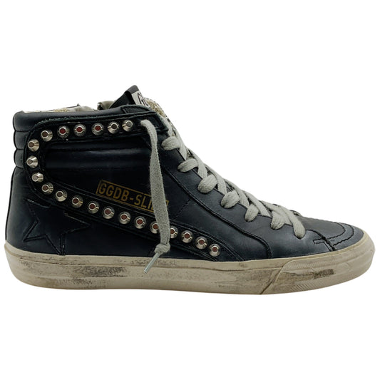 Golden Goose Deluxe Brand Black Leather Slide High Top Sneakers with Silver Studs