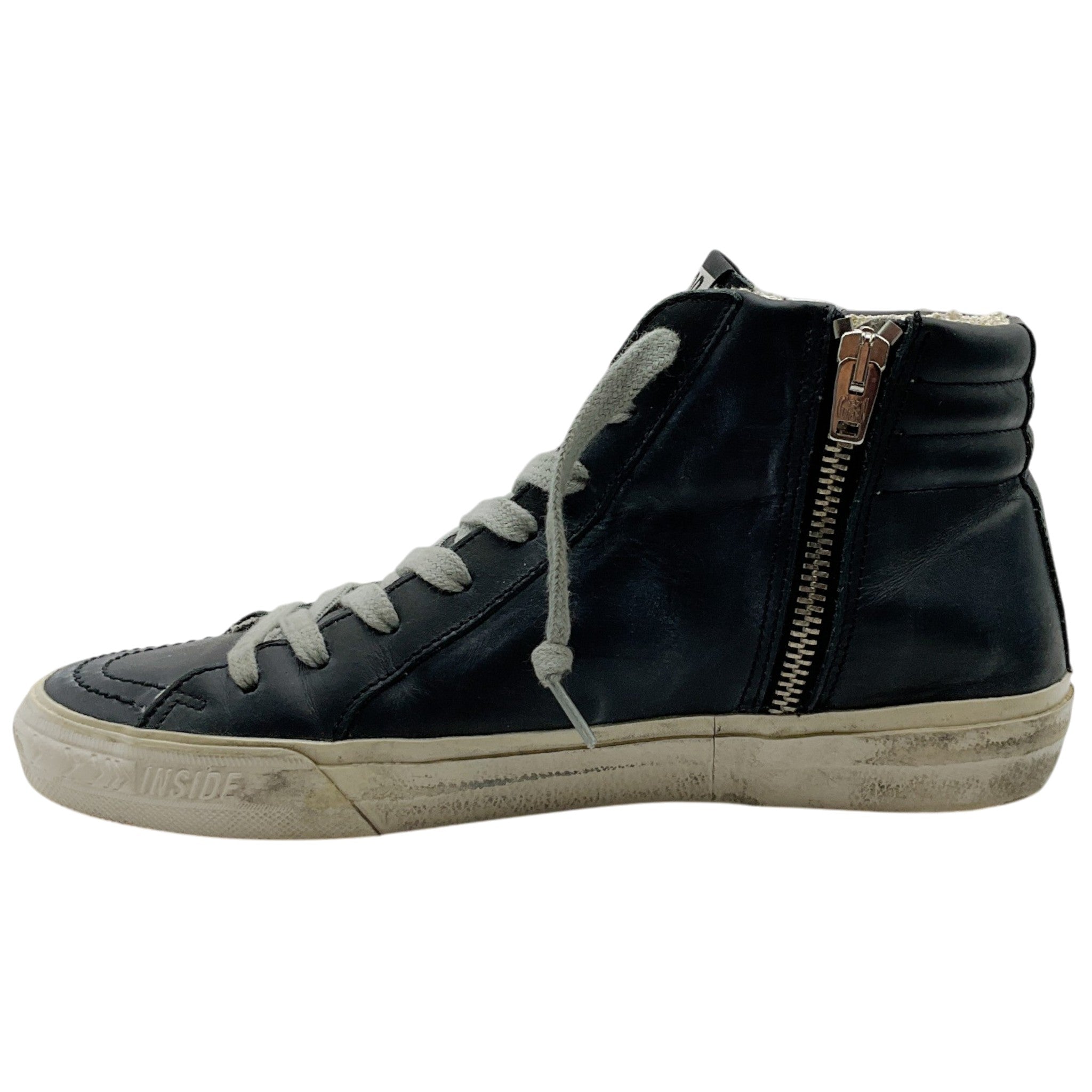 Golden Goose Deluxe Brand Black Leather Slide High Top Sneakers with Silver Studs