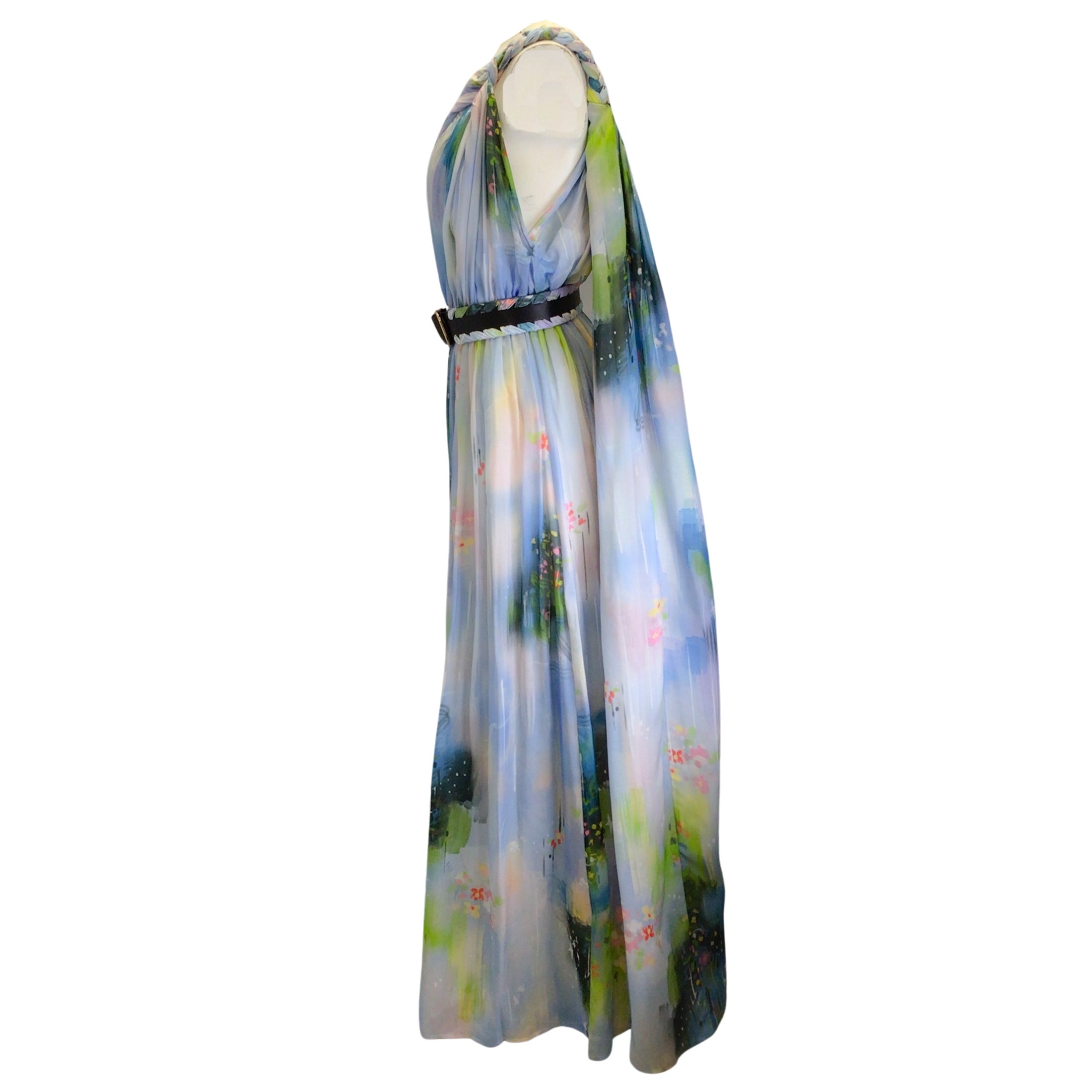 Leo Lin Blue / Green Multi Willow Print Adriana One Shoulder Maxi Dress