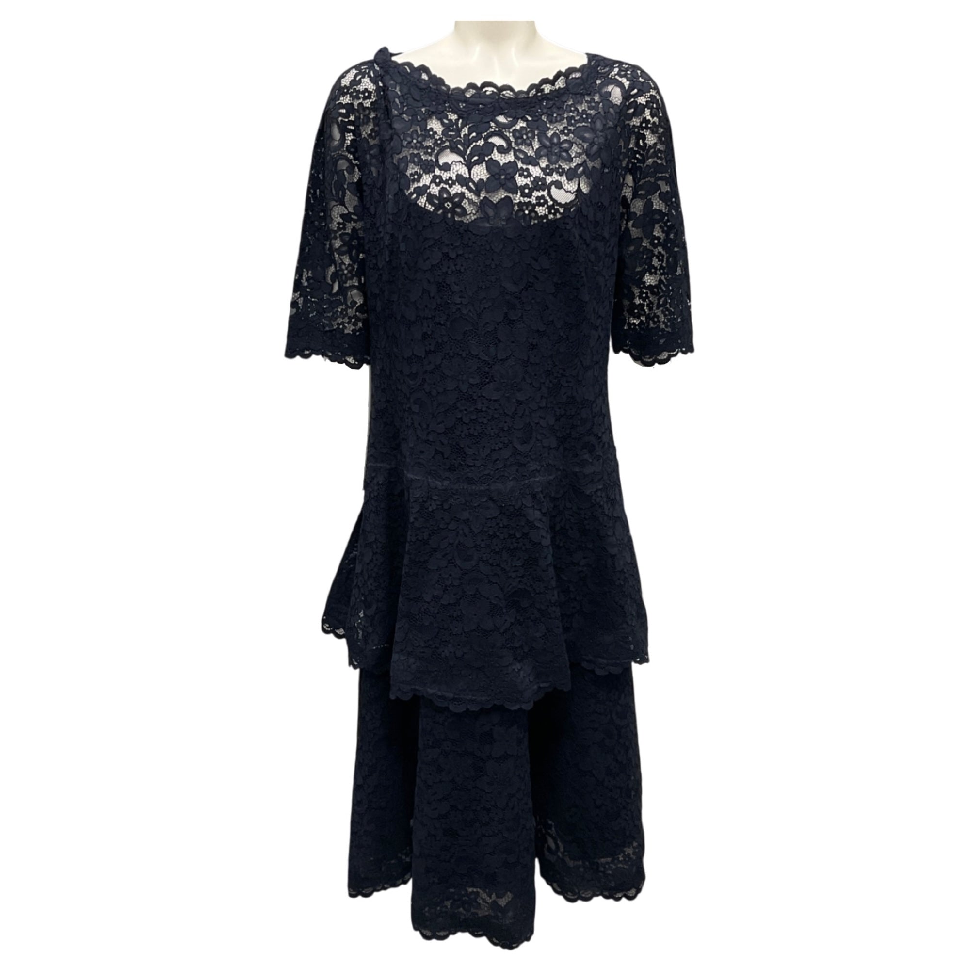 Teri Jon Navy Blue Lace Midi Cocktail Dress
