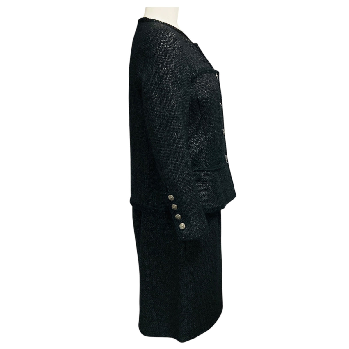 Chanel Black Boucle Tweed Jacket and Skirt Suit Set with CC Logo Buttons