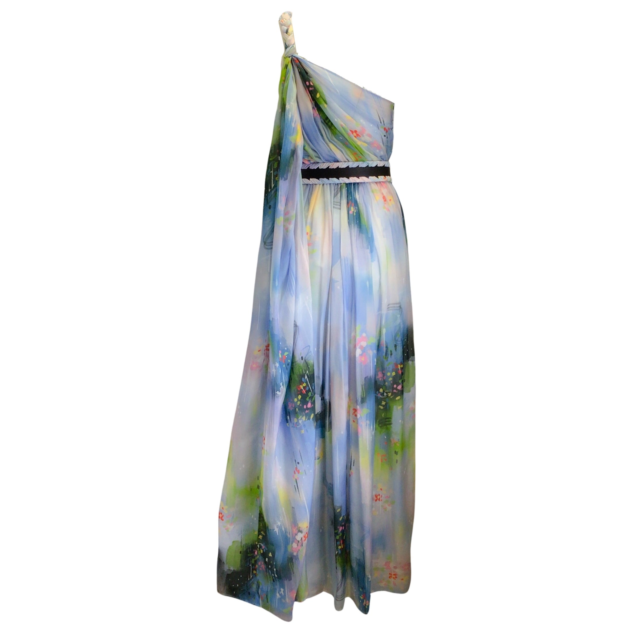 Leo Lin Blue / Green Multi Willow Print Adriana One Shoulder Maxi Dress