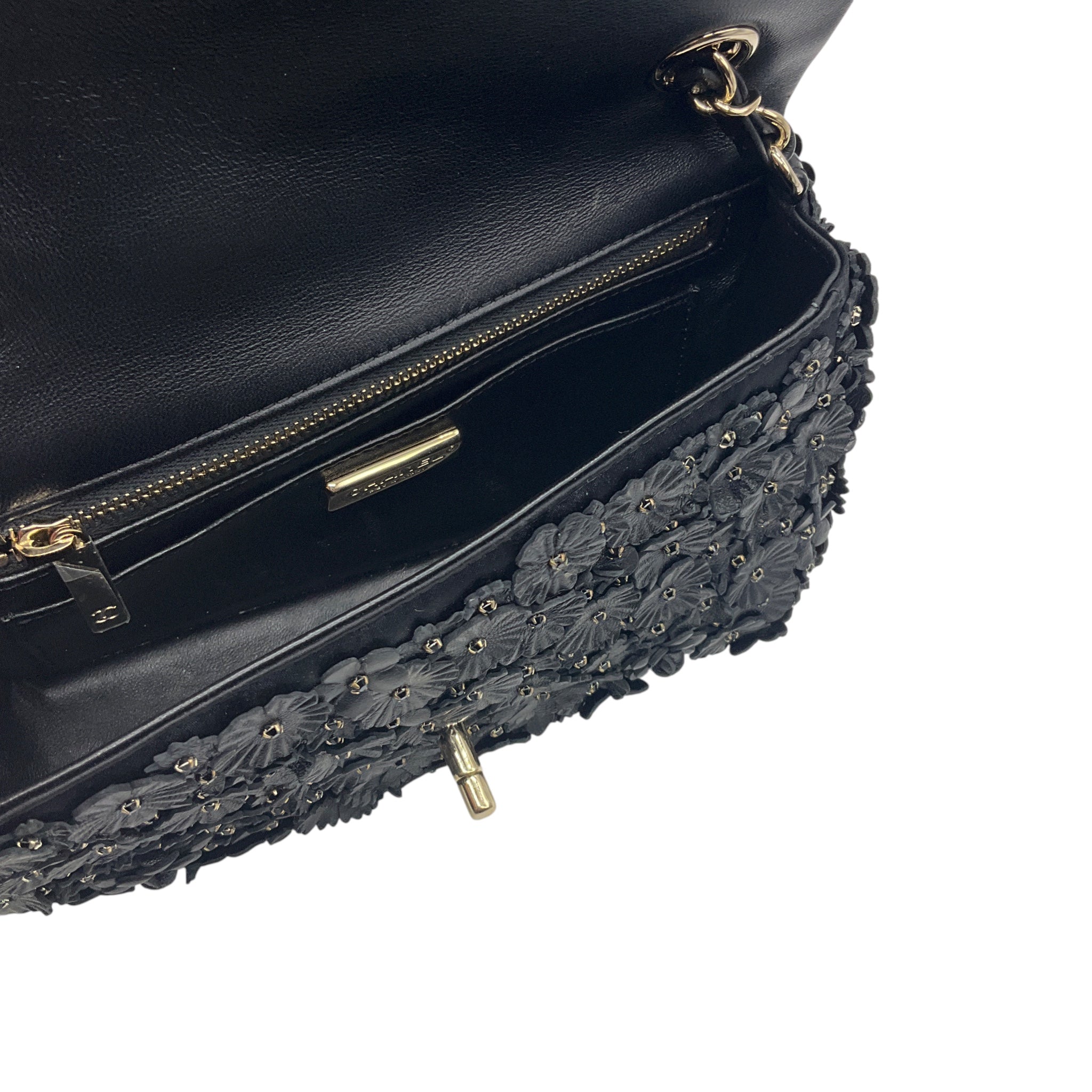 Chanel Black Camellia Flower Applique Leather and Crystal Handbag