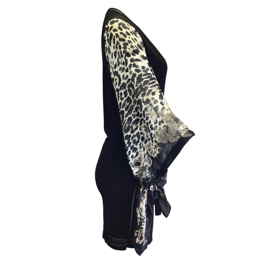 Roberto Cavalli Black / Ivory Leopard Printed Long Sleeved Silk and Viscose Knit Dress