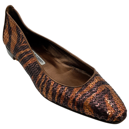 Manolo Blahnik Brown Sequined Animal Print Flats

