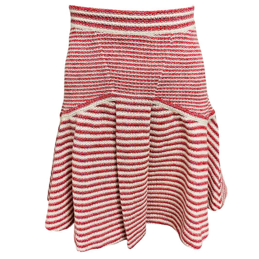 Chanel Red / White 2015 Striped Paper and Cotton Knit Flared Skirt