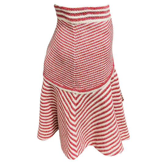 Chanel Red / White 2015 Striped Paper and Cotton Knit Flared Skirt