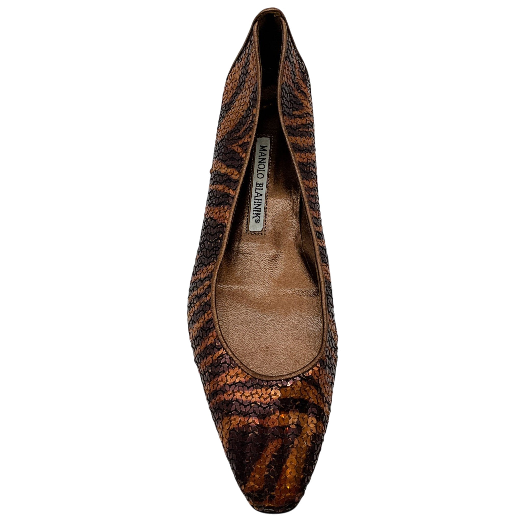 Manolo Blahnik Brown Sequined Animal Print Flats